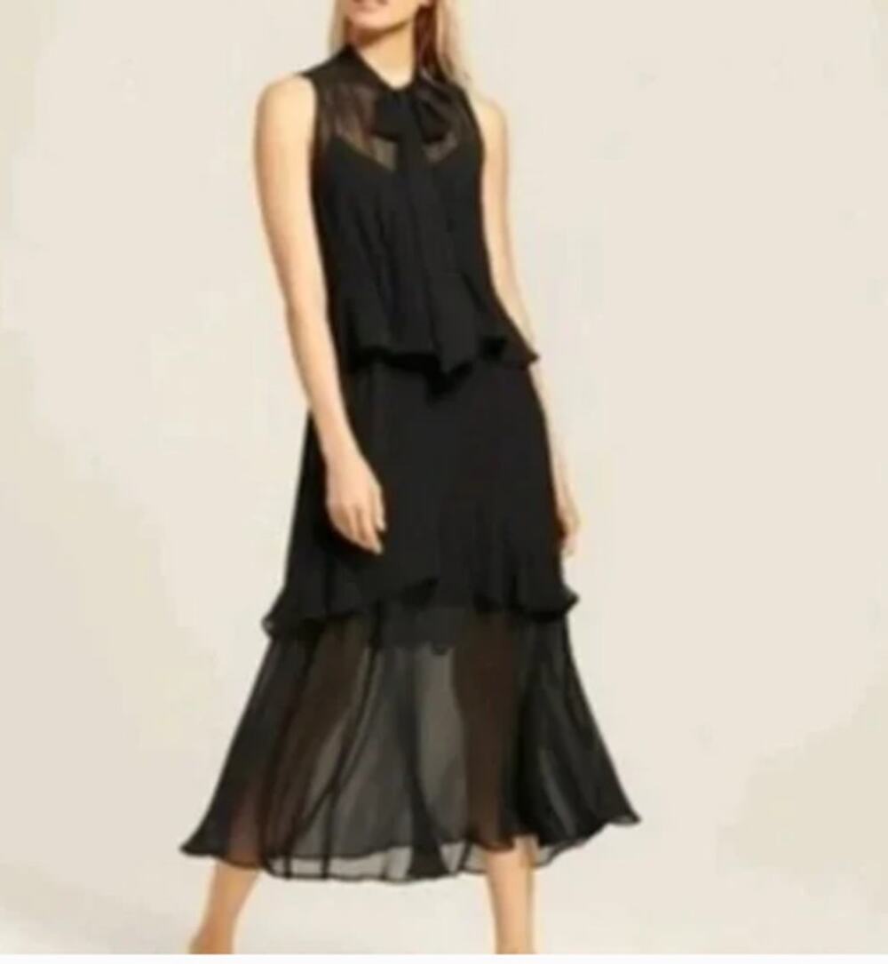 Who What Wear Black Ruffled Tiered Dress Chiffon Sleeveless Midi Sz M
